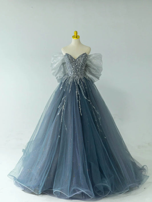 Dezentes Ballkleid mit herzförmigem Ausschnitt, staubblau-grauem Tüll, Perlenstickerei und Schleife, langes Abendkleid für formelle Anlässe RB6588