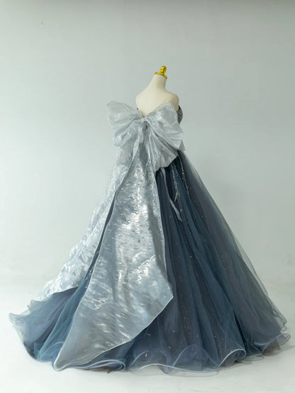 Modest Ball Gown Sweetheart Dusty Blue Gray Tulle Prom Dresses With Beading Bow Long Evening Party Formal Outfits RB6588