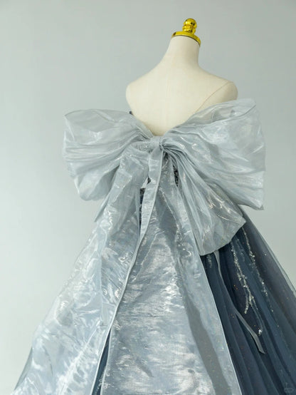 Modest Ball Gown Sweetheart Dusty Blue Gray Tulle Prom Dresses With Beading Bow Long Evening Party Formal Outfits RB6588