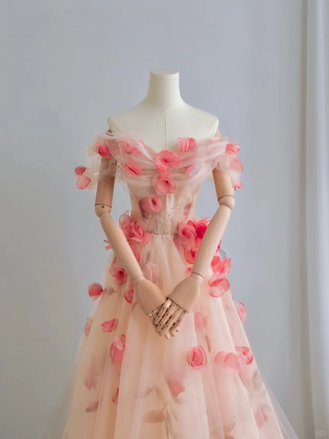 Cute A line Off The Shoulder Pink With Short Sleeves Lace Floral Long Prom Dresses Formal Party Dress Prom Gown AU103