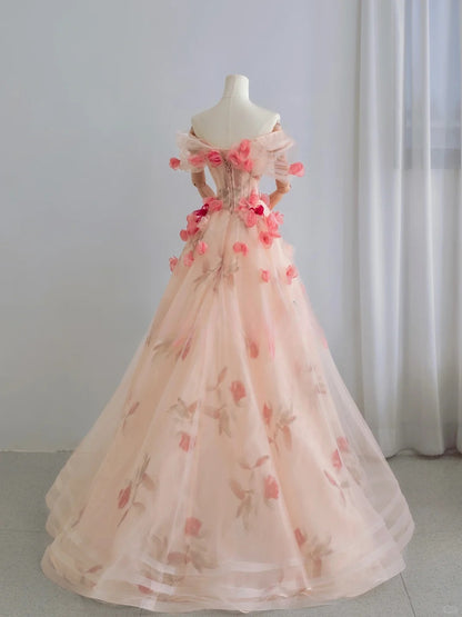 Cute A line Off The Shoulder Pink With Short Sleeves Lace Floral Long Prom Dresses Formal Party Dress Prom Gown AU103