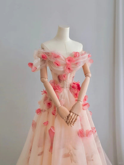 Cute A line Off The Shoulder Pink With Short Sleeves Lace Floral Long Prom Dresses Formal Party Dress Prom Gown AU103
