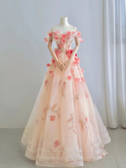 Cute A line Off The Shoulder Pink With Short Sleeves Lace Floral Long Prom Dresses Formal Party Dress Prom Gown AU103