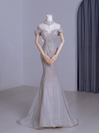 Niedliches, schulterfreies, silbernes Meerjungfrauen-Abendkleid mit kurzen Ärmeln und Perlenbesatz, langes Kleid für festliche Anlässe, AU105
