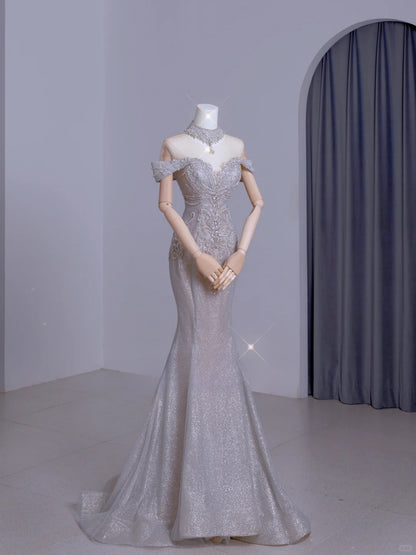 Niedliches, schulterfreies, silbernes Meerjungfrauen-Abendkleid mit kurzen Ärmeln und Perlenbesatz, langes Kleid für festliche Anlässe, AU105