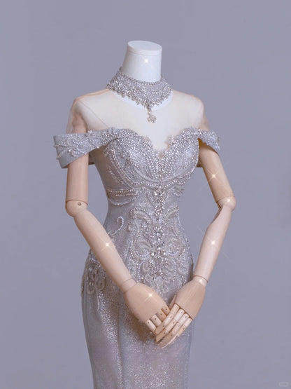 Niedliches, schulterfreies, silbernes Meerjungfrauen-Abendkleid mit kurzen Ärmeln und Perlenbesatz, langes Kleid für festliche Anlässe, AU105
