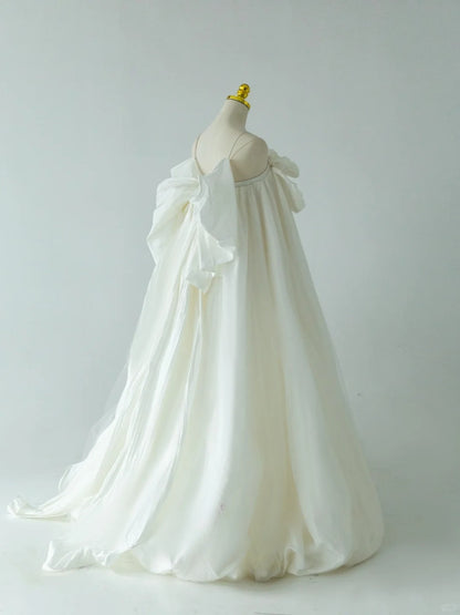 Classic Ball Gown Straps Cream Ivory Satin With Bow Long Groom Bride Gown Bridal Dress Modest Wedding Dresses RB7702