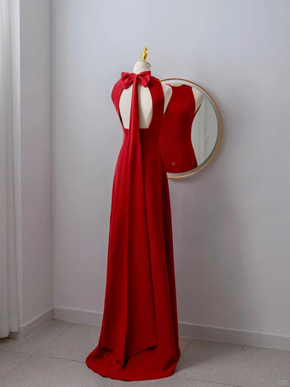 Schlichtes, langes, rückenfreies, rotes Satin-Abendkleid in A-Linie mit Rundhalsausschnitt, formelles Partykleid, Ballkleid AU107