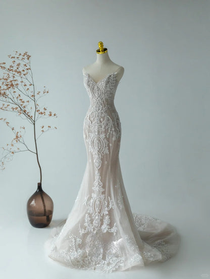 Charming Mermaid Spaghetti Strap Champagne With Lace Appliqued Groom Bride Gown Bridal Dress Modest Wedding Dresses RB7703