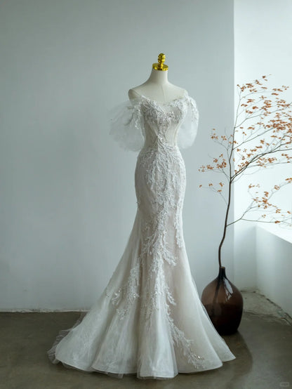Beautiful Mermaid Off The Shoulder White With Lace Appliqued Groom Bride Gown Bridal Dress Modest Wedding Dresses RB7704