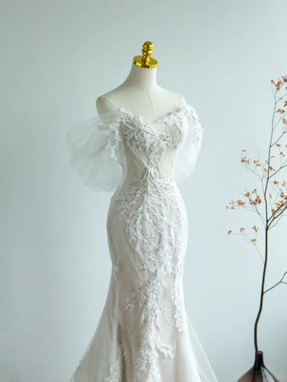 Beautiful Mermaid Off The Shoulder White With Lace Appliqued Groom Bride Gown Bridal Dress Modest Wedding Dresses RB7704