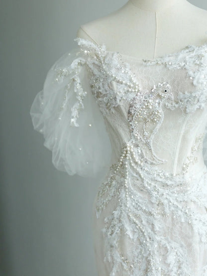Beautiful Mermaid Off The Shoulder White With Lace Appliqued Groom Bride Gown Bridal Dress Modest Wedding Dresses RB7704