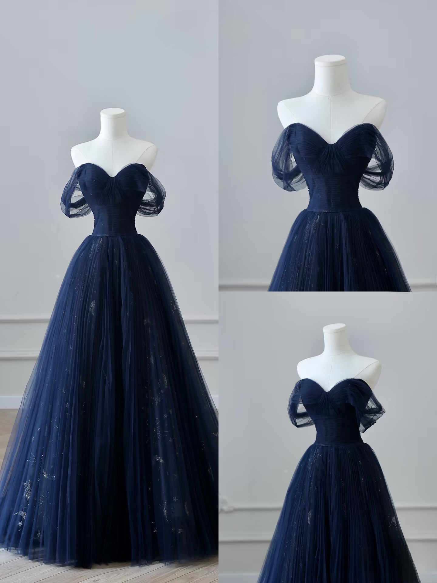 Elegant Ball Gown Off The Shoulder Navy Blue Tulle Prom Dresses Inspiration Trending Evening Gowns Formal Party Prom Dress AU112