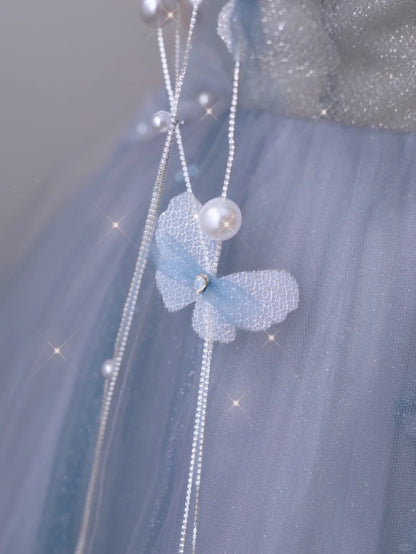 Robe de bal élégante en tulle bleu à décolleté cœur, longue robe de soirée formelle AB2318