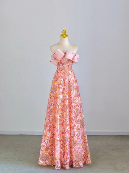 Glitter A line Strapless Pink Sequined Prom Dresses Long Evening Party Formal Outfits RB6589