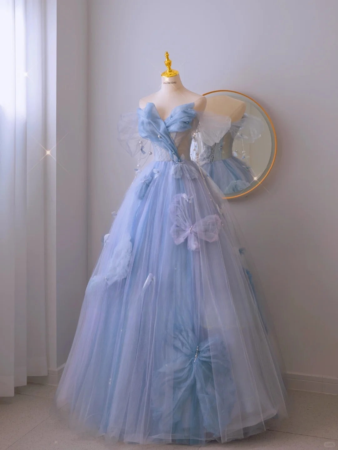 Robe de bal élégante en tulle bleu à décolleté cœur, longue robe de soirée formelle AB2318
