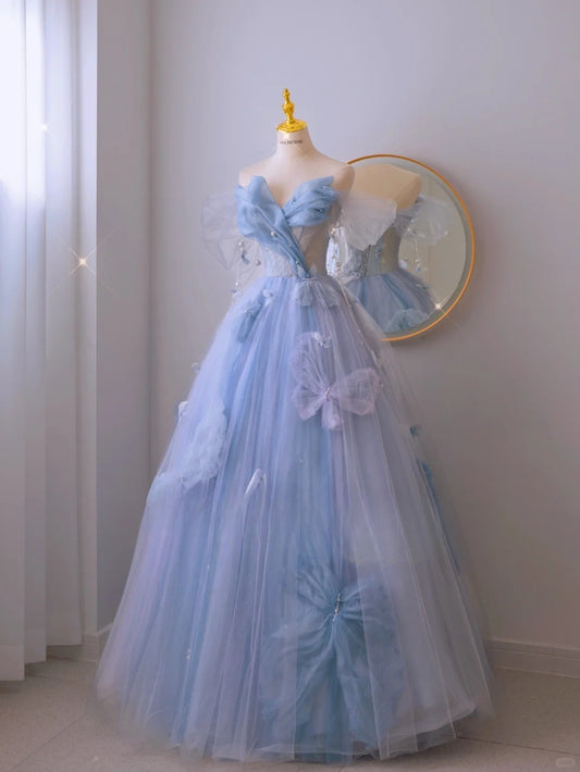 Bezauberndes langes Ballkleid aus blauem Tüll mit Herzausschnitt, formelles Partykleid, Abiballkleid AU112