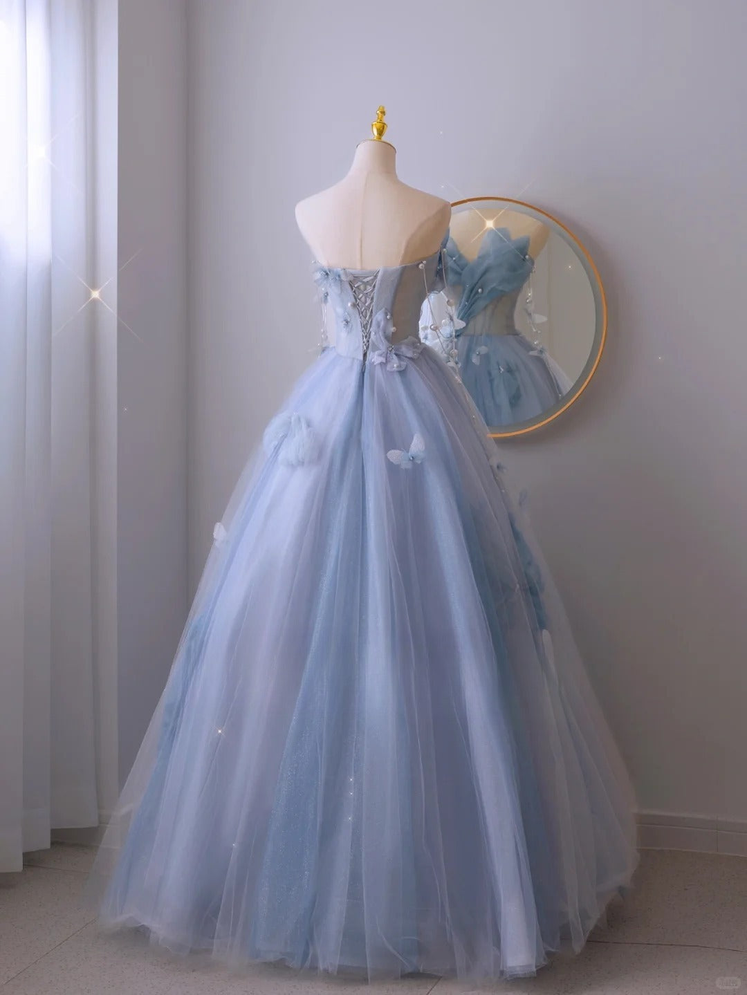 Robe de bal élégante en tulle bleu à décolleté cœur, longue robe de soirée formelle AB2318