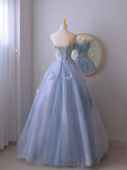 Robe de bal élégante en tulle bleu à décolleté cœur, longue robe de soirée formelle AB2318