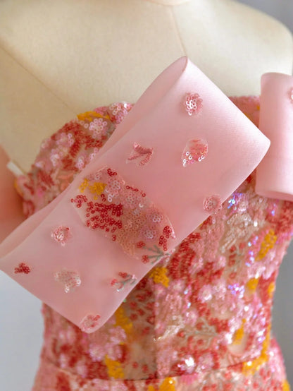 Glitter A line Strapless Pink Sequined Prom Dresses Long Evening Party Formal Outfits RB6589