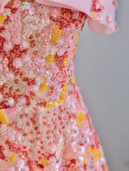 Glitter A line Strapless Pink Sequined Prom Dresses Long Evening Party Formal Outfits RB6589