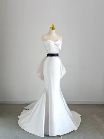 Modest Mermaid Sweetheart White Satin Groom Long Bride Gown Bridal Dress Modest Wedding Dresses RB7707