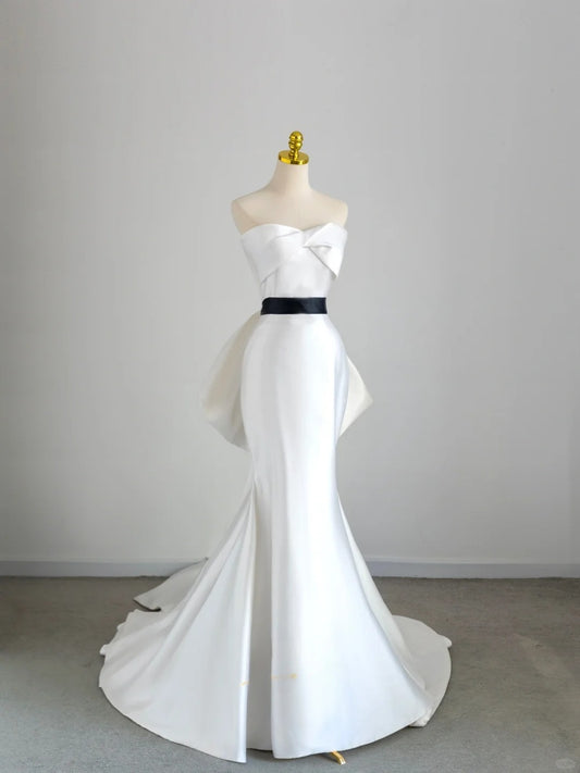 Modest Mermaid Sweetheart White Satin Groom Long Bride Gown Bridal Dress Modest Wedding Dresses RB7707