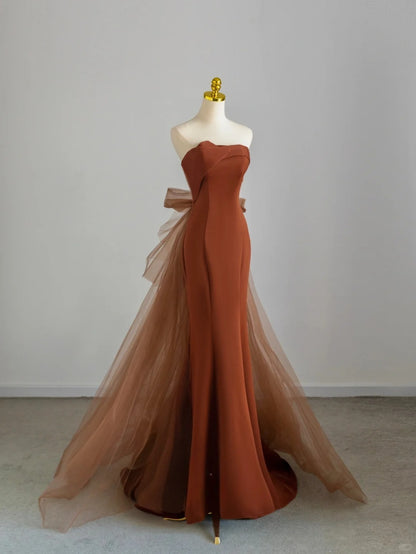 Elegant Mermaid Strapless Rust Red With Ruffled Long Birthday Outfits Semi Formal Gown Wedding Guest Dresses RB6590