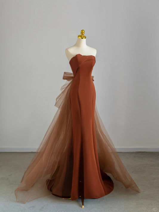 Elegant Mermaid Strapless Rust Red With Ruffled Long Birthday Outfits Semi Formal Gown Wedding Guest Dresses RB6590
