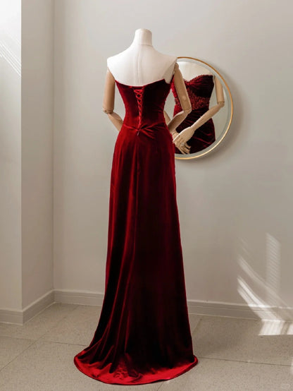 Bezauberndes, langes, rotes Samt-Abendkleid im Meerjungfrauenstil mit Herzausschnitt, formelles Partykleid, Ballkleid AU115