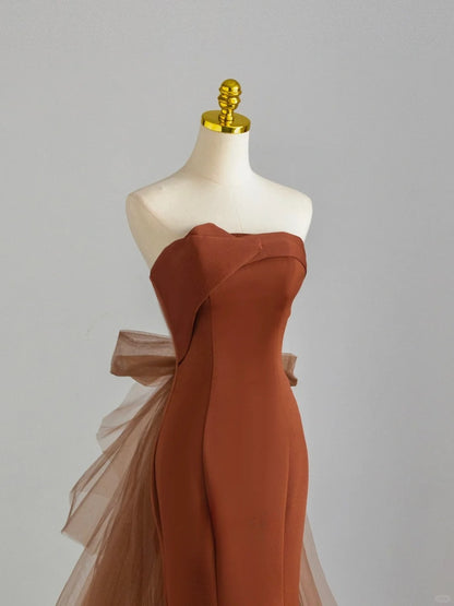 Elegant Mermaid Strapless Rust Red With Ruffled Long Birthday Outfits Semi Formal Gown Wedding Guest Dresses RB6590