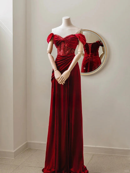 Bezauberndes, langes, rotes Samt-Abendkleid im Meerjungfrauenstil mit Herzausschnitt, formelles Partykleid, Ballkleid AU115