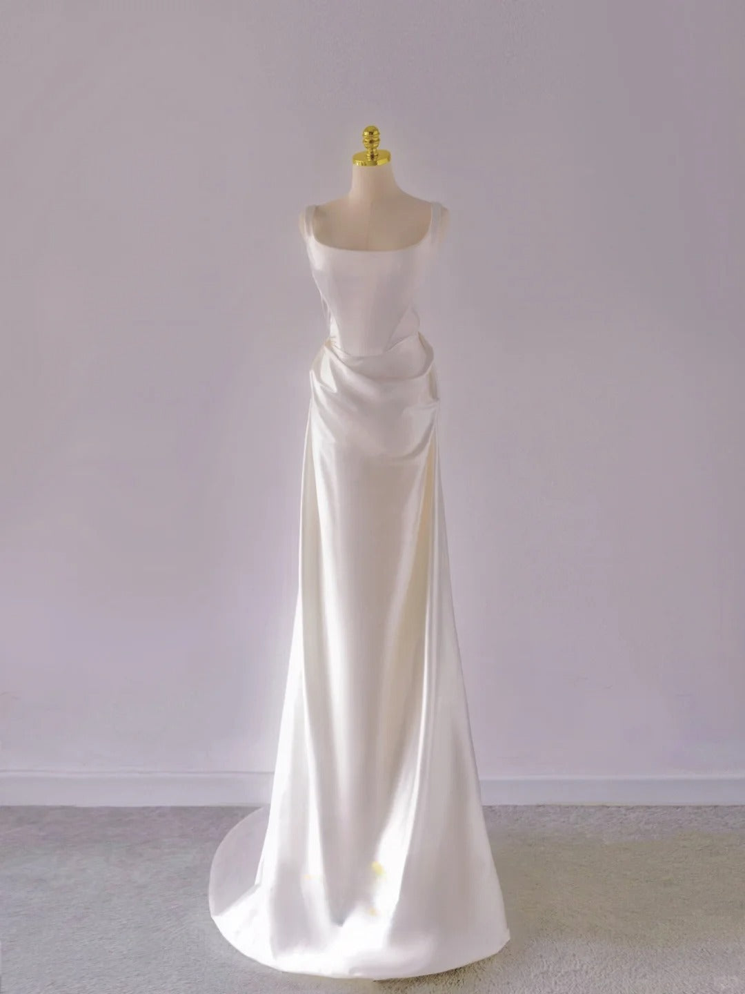 Modest Mermaid Square Neck White Satin Groom Long Bride Gown Bridal Dress Modest Wedding Dresses RB7709