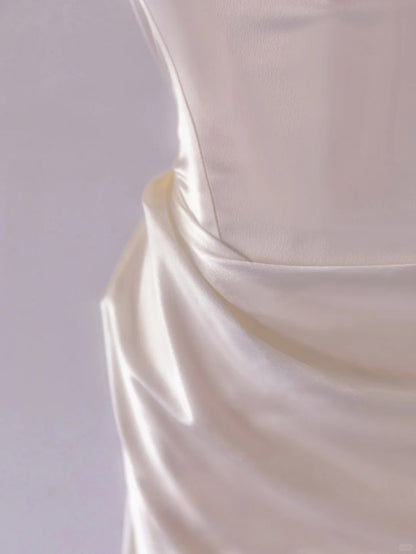 Modest Mermaid Square Neck White Satin Groom Long Bride Gown Bridal Dress Modest Wedding Dresses RB7709