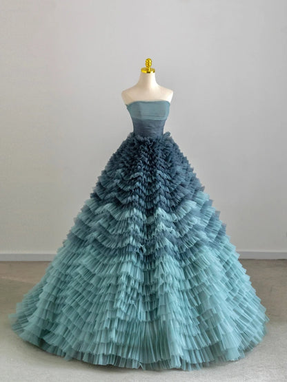 Modest Ball Gown Strapless Tulle Prom Dresses With Tiered Layers Long Evening Party Formal Outfits RB6591