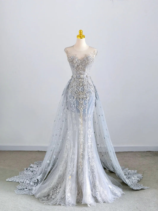 Glitzerndes Meerjungfrauen-Abendkleid mit U-Ausschnitt, ärmellos, silbergrau, perlenbesetzt, langes Ballkleid für formelle Anlässe RB6592