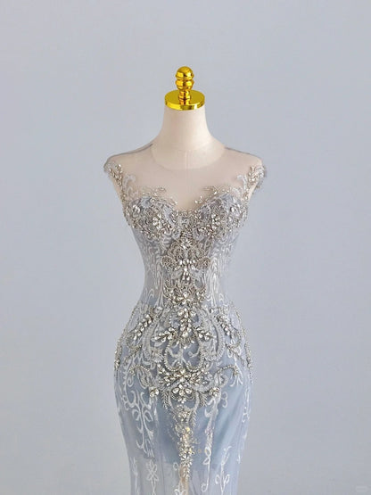 Glitter Mermaid Scoop Neck Sleeveless Silver Gray Beaded Prom Dresses Long Evening Party Formal Outfits RB6592
