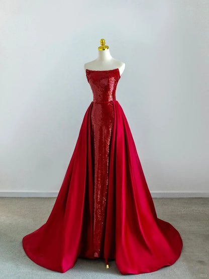 Elegant Mermaid Strapless Red With Ruffled Sequin Long Birthday Outfits Semi Formal Gown Wedding Guest Dresses RB6593