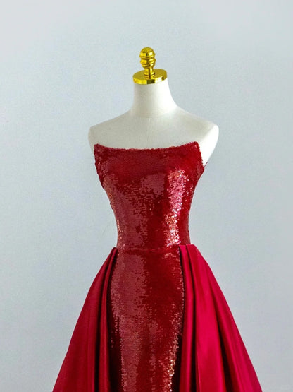 Elegant Mermaid Strapless Red With Ruffled Sequin Long Birthday Outfits Semi Formal Gown Wedding Guest Dresses RB6593
