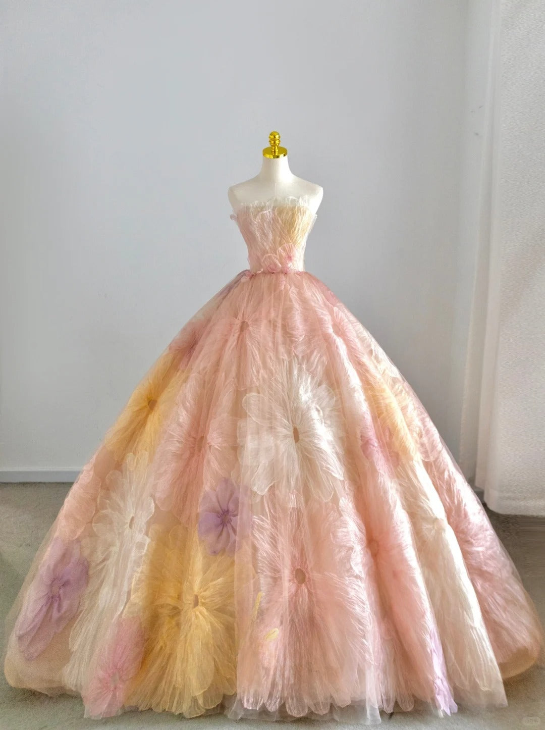 Modest Ball Gown Strapless Tulle Pink Floral Prom Dresses Sweet 16 Dress Long Evening Party Formal Outfits RB6594