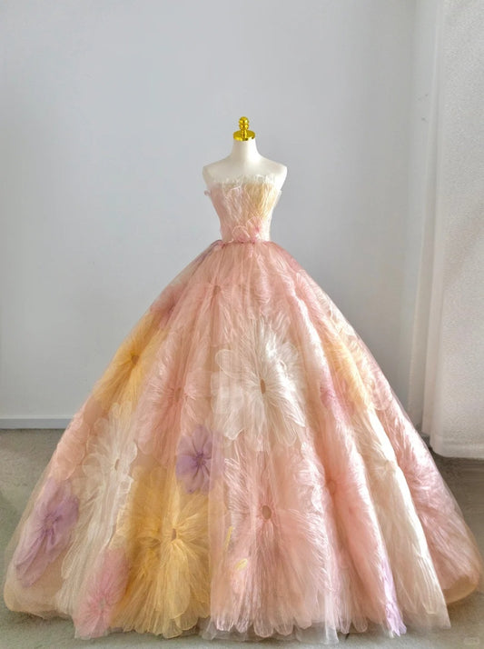 Dezentes Ballkleid trägerlos Tüll Pink Blumen Abiballkleid Sweet 16 Kleid langes Abendkleid festliches Outfit RB6594