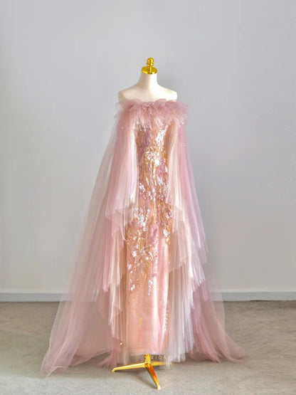 Glitter A line Off The Shoulder Pink With Cape Sequined Prom Dresses Long Evening Party Formal Outfits RB6595
