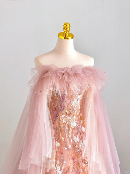 Glitter A line Off The Shoulder Pink With Cape Sequined Prom Dresses Long Evening Party Formal Outfits RB6595