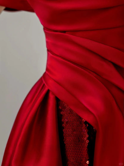 Charming A line Off The Shoulder Red Satin Long Prom Dresses Formal Party Dress Prom Gown AU124