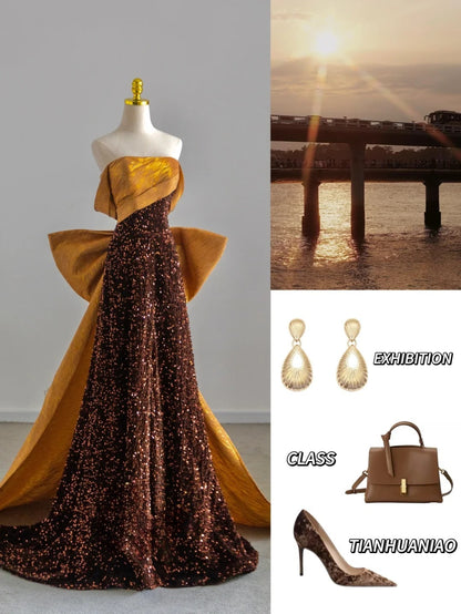 Elegant Mermaid Strapless Gold With Bow Sequin Long Birthday Outfits Semi Formal Gown Wedding Guest Dresses RB6596
