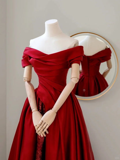 Charming A line Off The Shoulder Red Satin Long Prom Dresses Formal Party Dress Prom Gown AU124