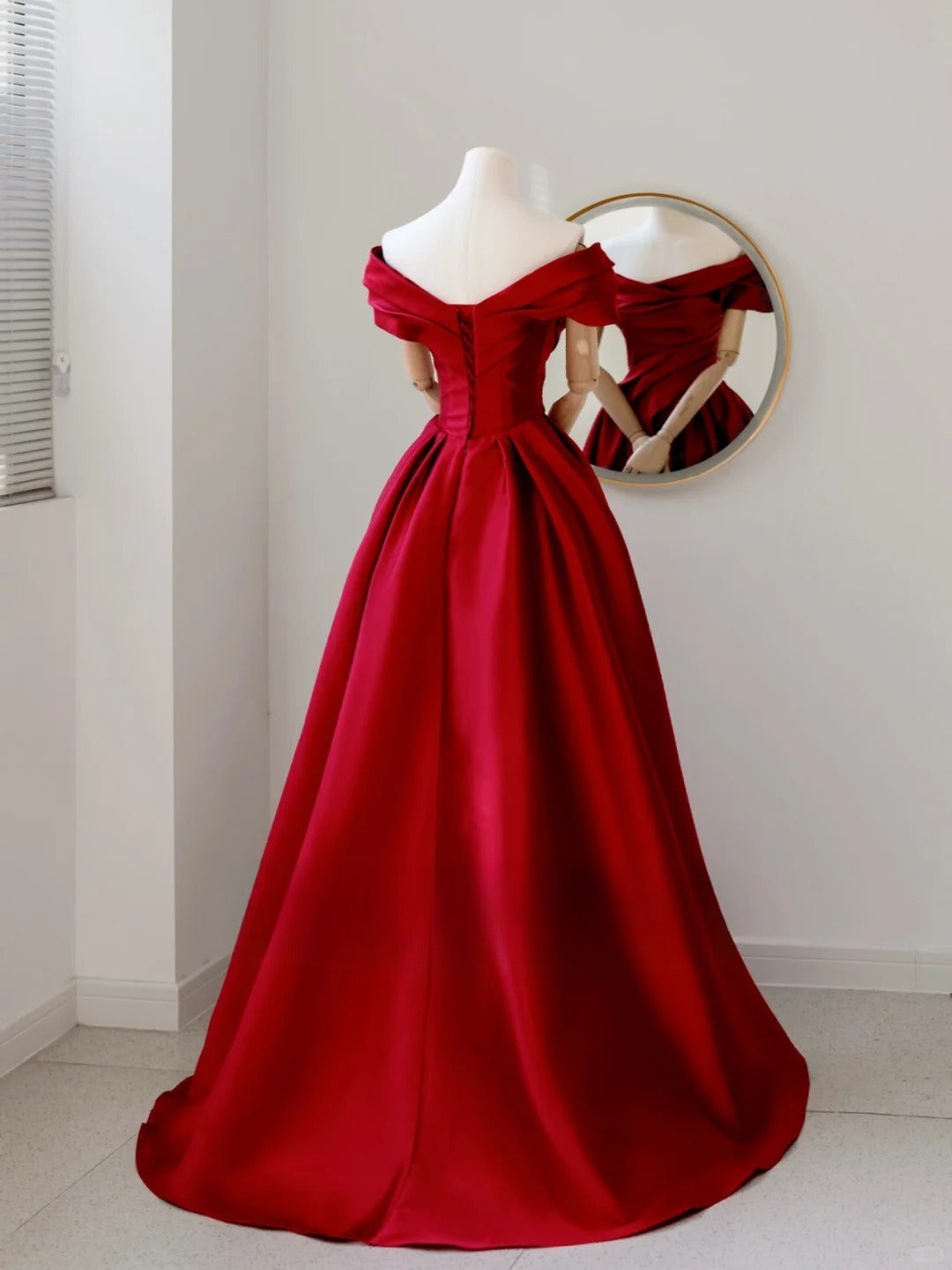 Charming A line Off The Shoulder Red Satin Long Prom Dresses Formal Party Dress Prom Gown AU124
