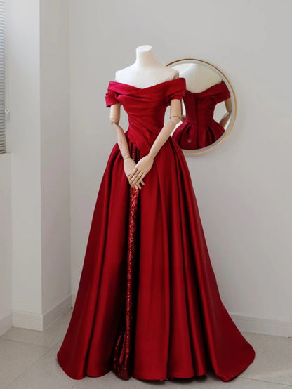 Charming A line Off The Shoulder Red Satin Long Prom Dresses Formal Party Dress Prom Gown AU124