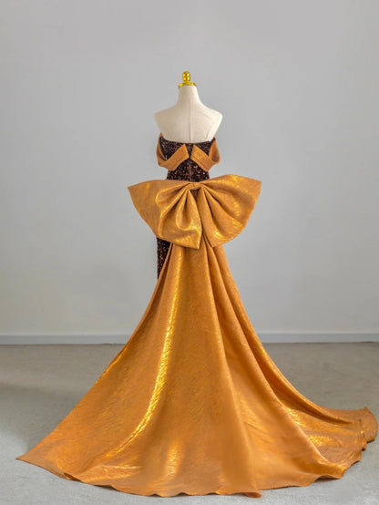 Elegant Mermaid Strapless Gold With Bow Sequin Long Birthday Outfits Semi Formal Gown Wedding Guest Dresses RB6596