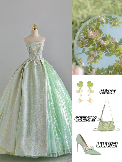 Modest Ball Gown Strapless Green Sequin Prom Dresses Sweet 16 Dress Long Evening Party Formal Outfits RB6597